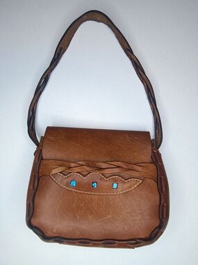VINTAGE Enzo Angiolini Thick Leather Turquoise Inlay Structured Saddle Bag